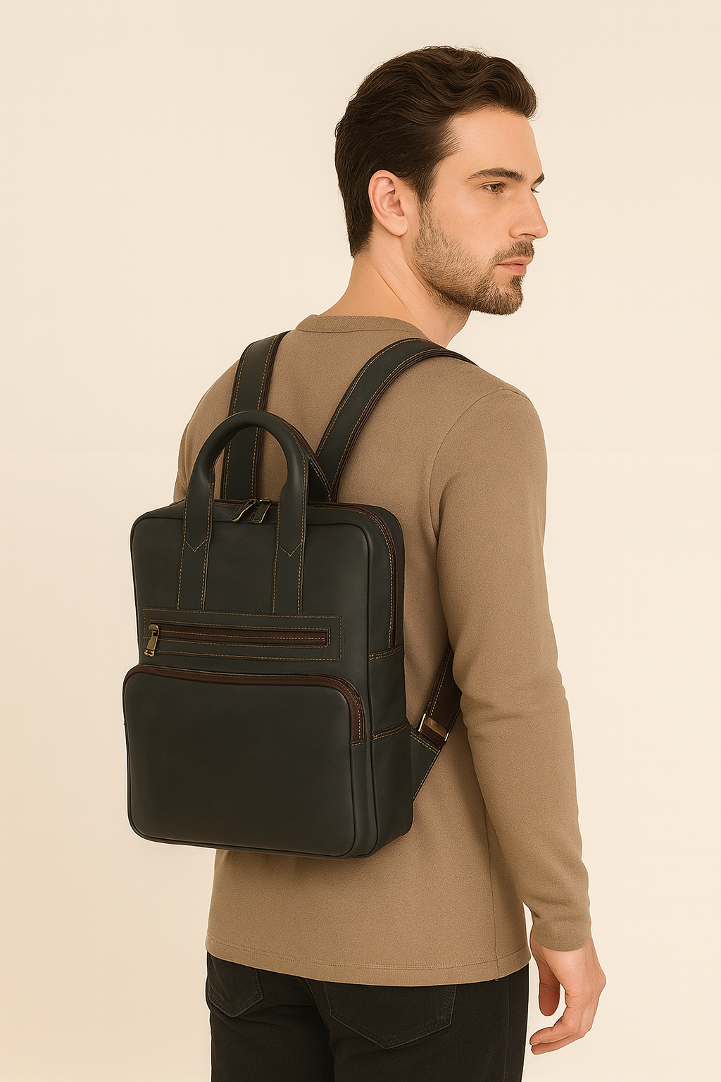 Zaino in pelle verde scuro con tasche multiple - immagine 6